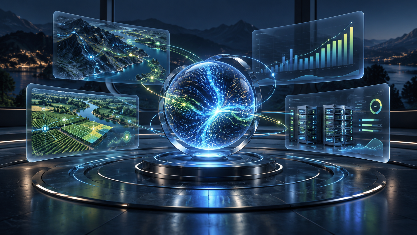 Centro digital de operaciones con paneles de analítica, mapas, cultivos y servidores